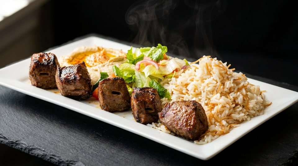Grilled beef tenderloin kabob with rice pilaf, salad and hummus