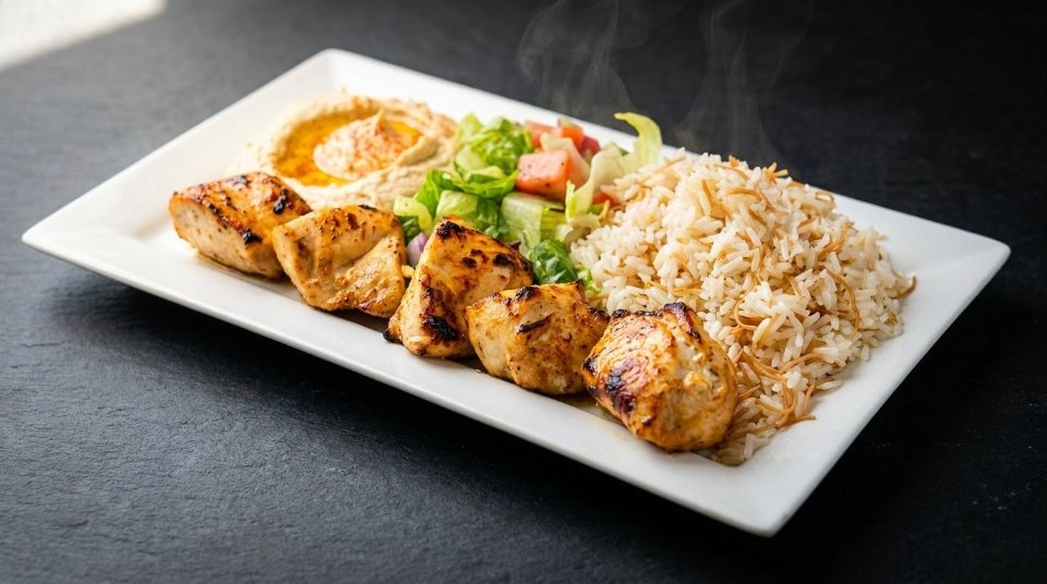 Grilled chicken breast kabob with rice pilaf, salad and hummus