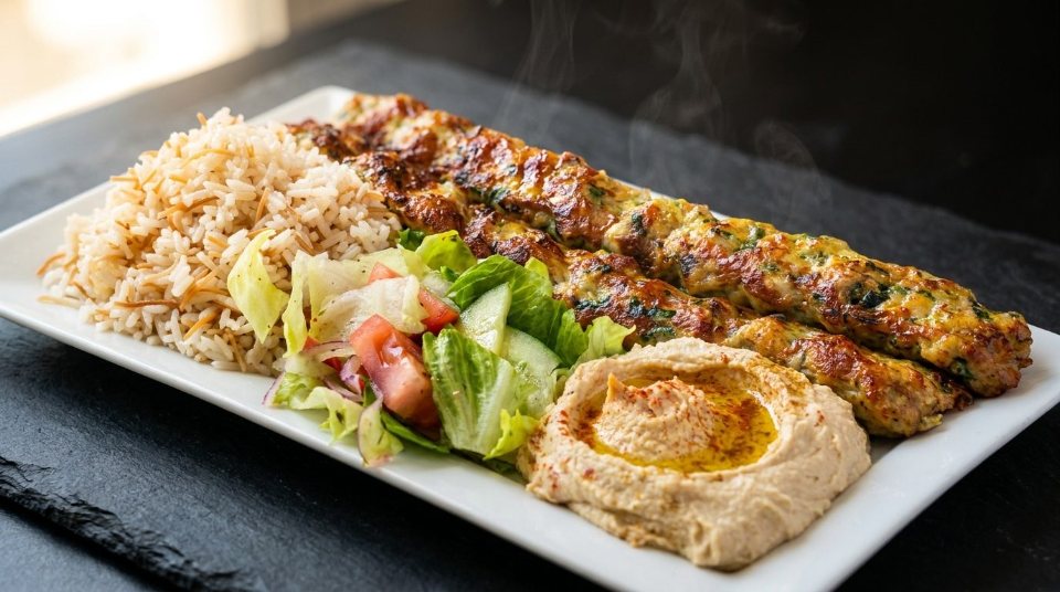 Two chicken lule skewers with rice pilaf, salad and hummus