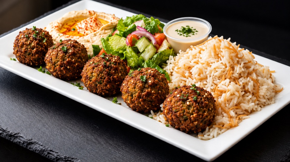 Five falafel with rice pilaf, salad, hummus and a side of dressing
