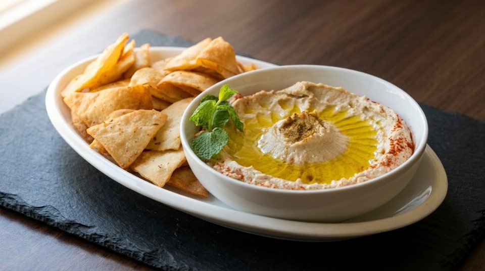 Hummus with a side of seasoned pita chips