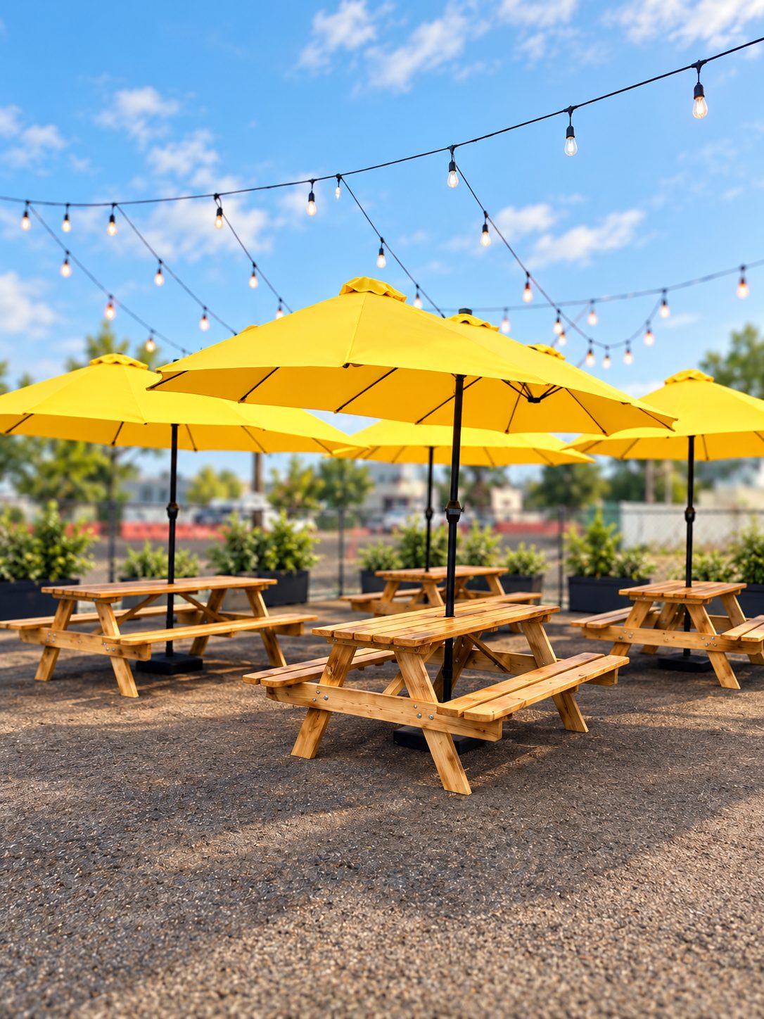 Wooden picnic tables under yellow umbrellas and string lights on The Kabob Guy's patio